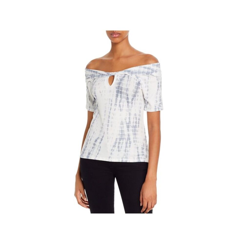 RED HAUTE Womens Silver Stretch Keyhole Front Short Sleeve Off Shoulder Top L